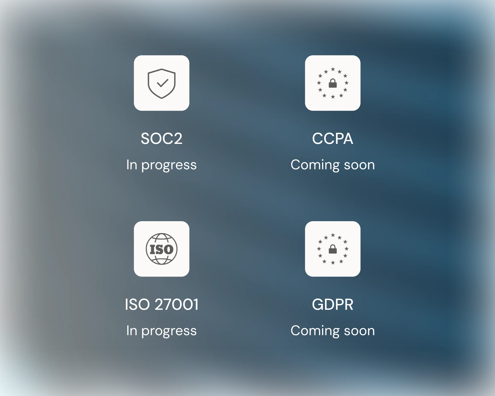 Compliance roadmap: SOC2 and ISO 27001 in progress, CCPA and GDPR coming soon