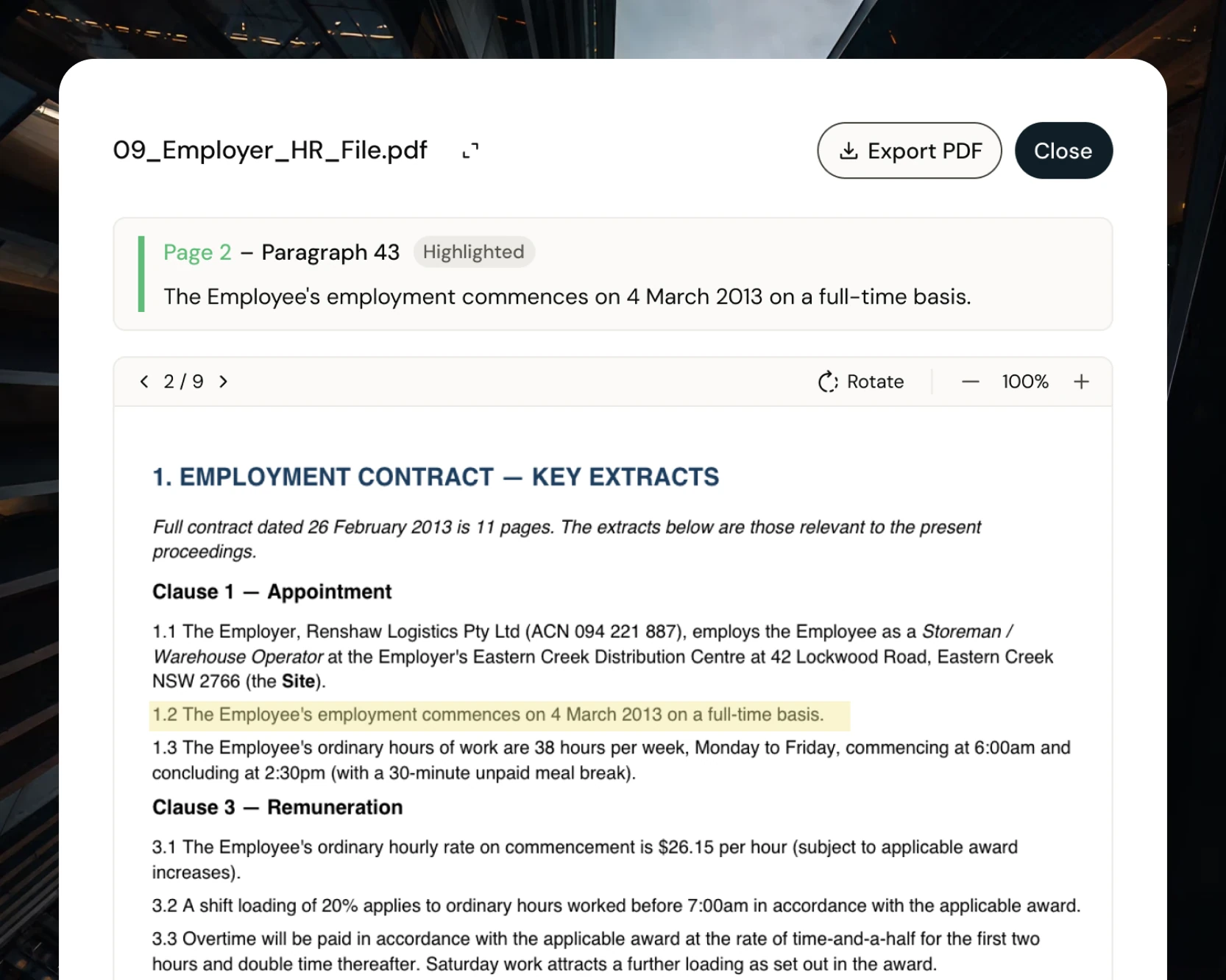 Juriton document viewer with a source-linked passage highlighted